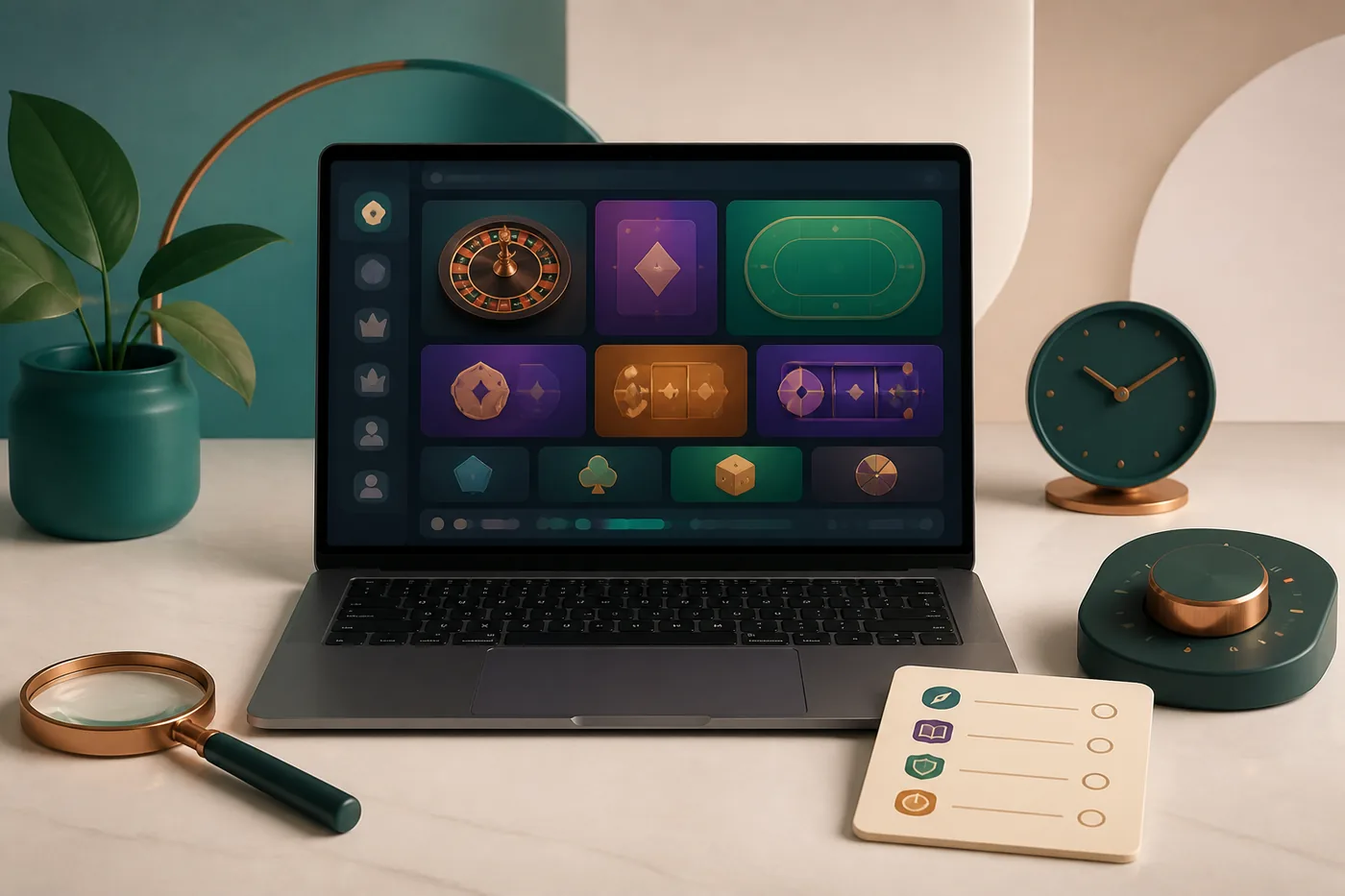 Notebook com lobby genérico de cassino, lupa, relógio e controles
