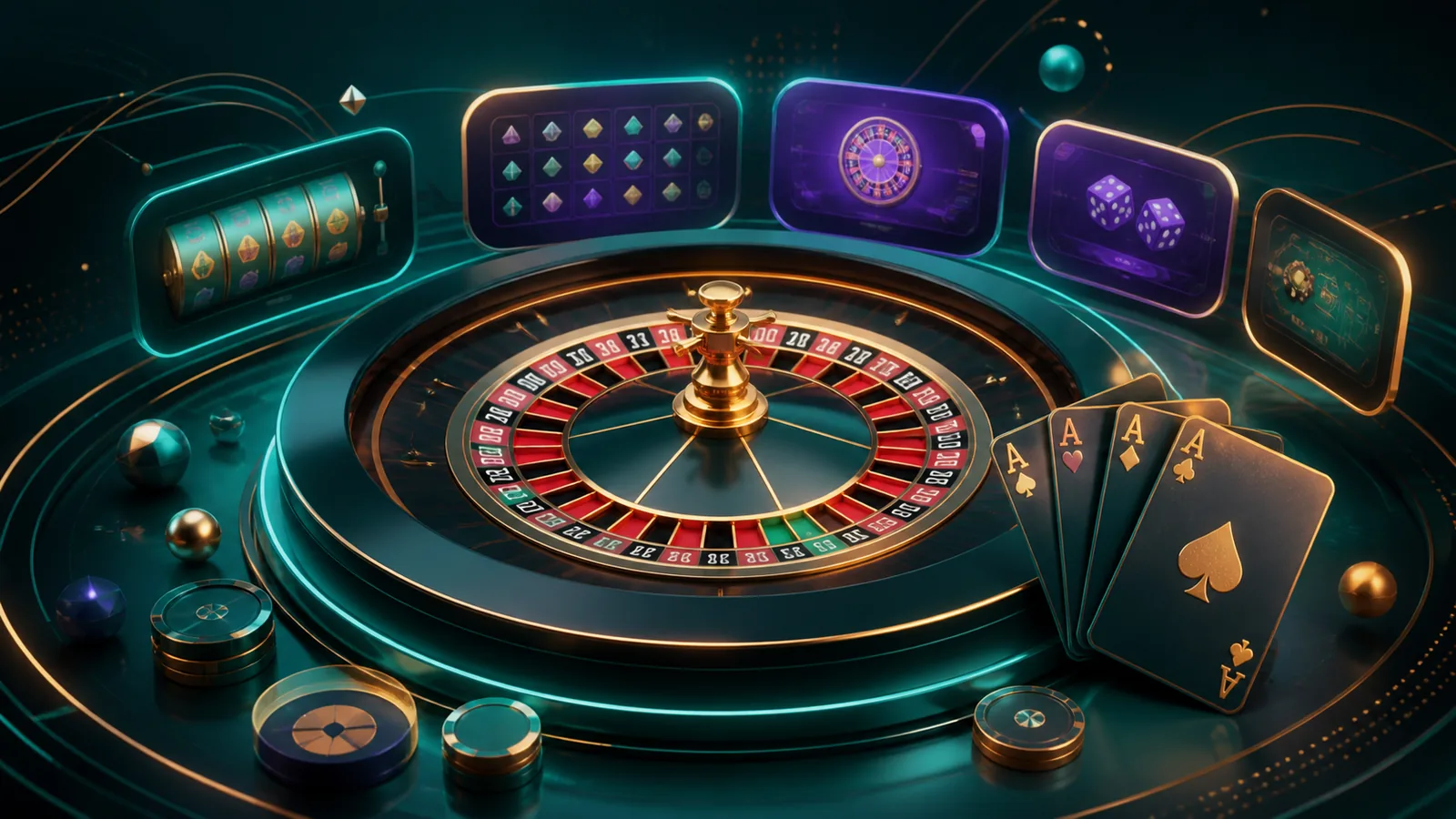 Ambiente editorial de cassino digital com roleta, cartas e painéis genéricos