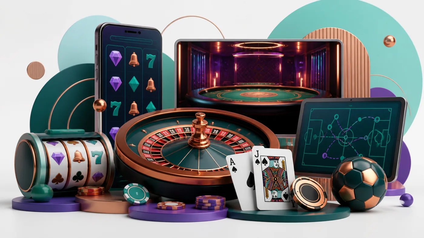 Composição de categorias de cassino com slot, roleta, cartas e esportes